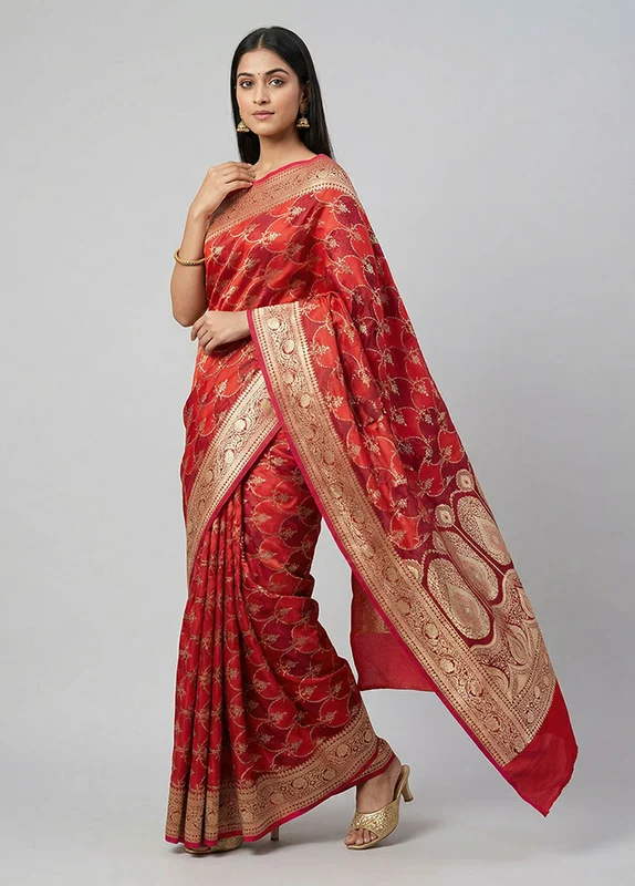 Red Banarasi Silk Saree With Blouse Piece One Size