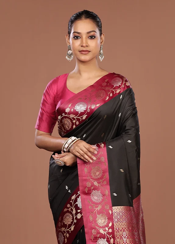 Black Dupion Silk Saree With Blouse Piece One Size