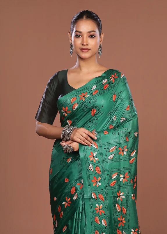 Green Kantha Stitch Silk Saree With Blouse Piece One Size
