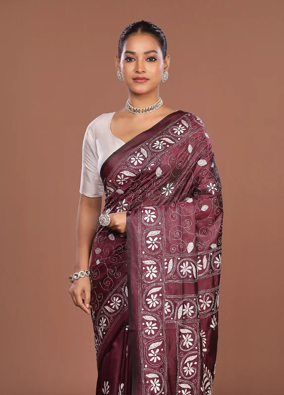 Purple Kantha Stitch Silk Saree With Blouse Piece One Size