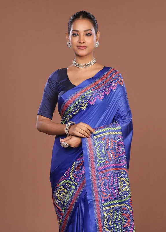 Blue Kantha Stitch Silk Saree With Blouse Piece One Size
