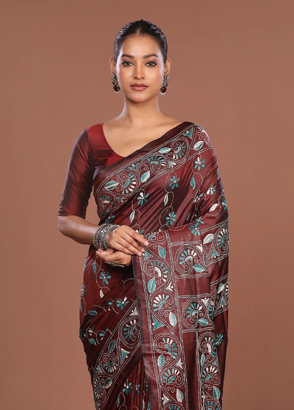 Maroon Kantha Stitch Silk Saree With Blouse Piece One Size