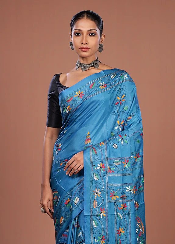 Blue Kantha Stitch Silk Saree With Blouse Piece One Size