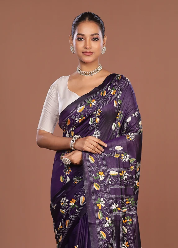 Purple Kantha Stitch Silk Saree With Blouse Piece One Size