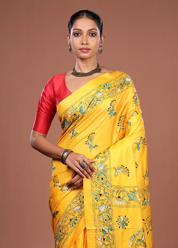 Yellow Kantha Stitch Silk Saree With Blouse Piece One Size