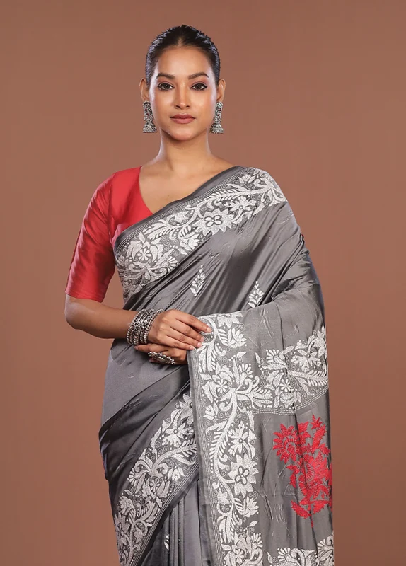 Grey Kantha Stitch Silk Saree With Blouse Piece One Size