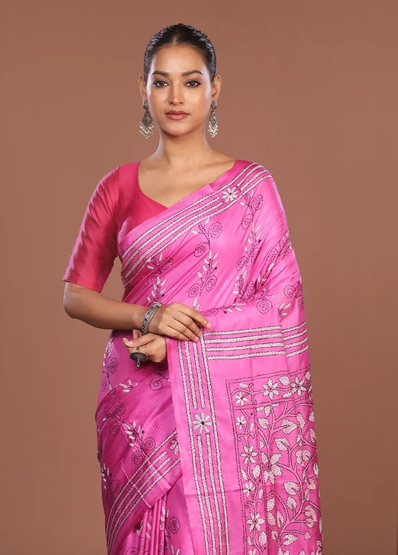 Pink Kantha Stitch Silk Saree With Blouse Piece One Size