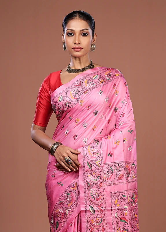 Pink Kantha Stitch Silk Saree With Blouse Piece One Size