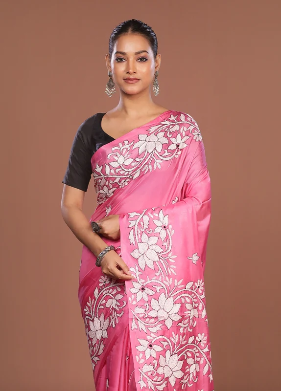 Pink Kantha Stitch Silk Saree With Blouse Piece One Size