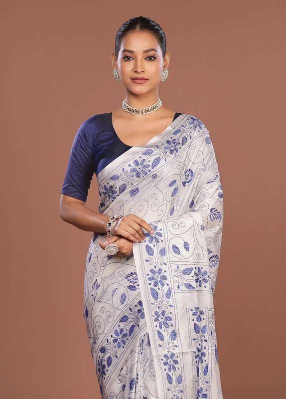 White Kantha Stitch Silk Saree With Blouse Piece One Size
