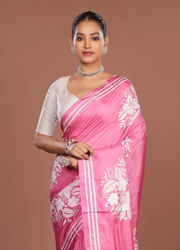 Pink Kantha Stitch Silk Saree With Blouse Piece One Size