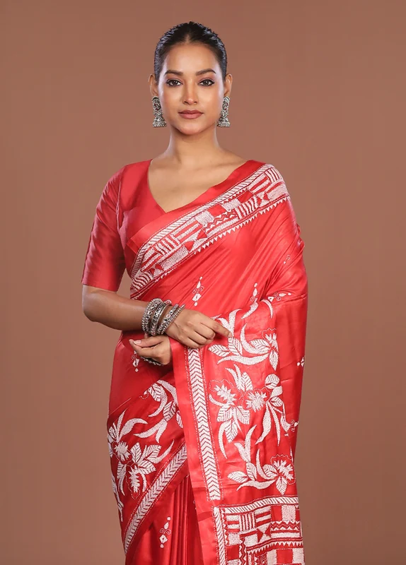 Rust Kantha Stitch Silk Saree With Blouse Piece One Size
