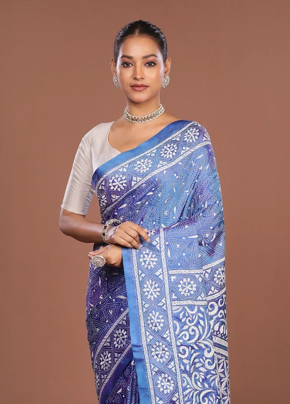 Blue Kantha Stitch Silk Saree With Blouse Piece One Size