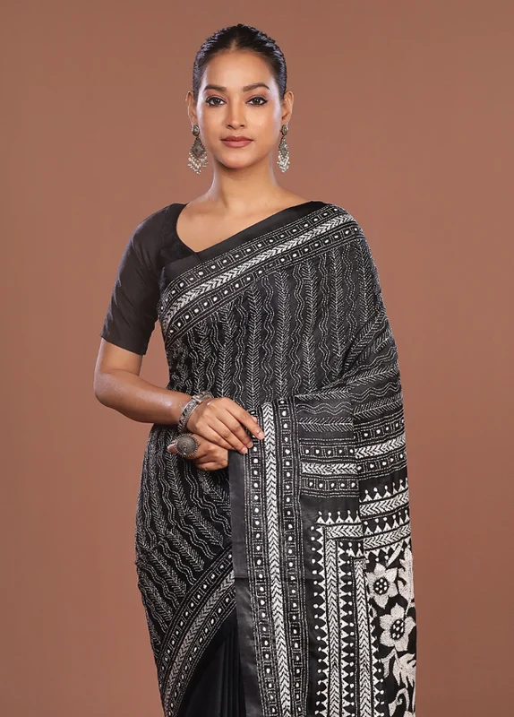 Black Kantha Stitch Silk Saree With Blouse Piece One Size