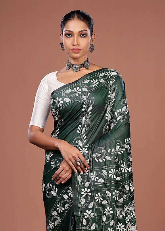 Green Kantha Stitch Silk Saree With Blouse Piece One Size
