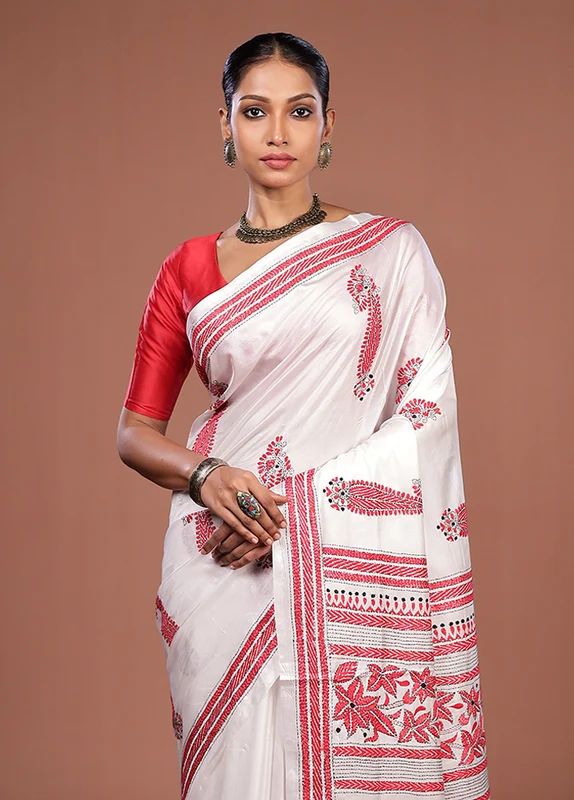 White Kantha Stitch Silk Saree With Blouse Piece One Size