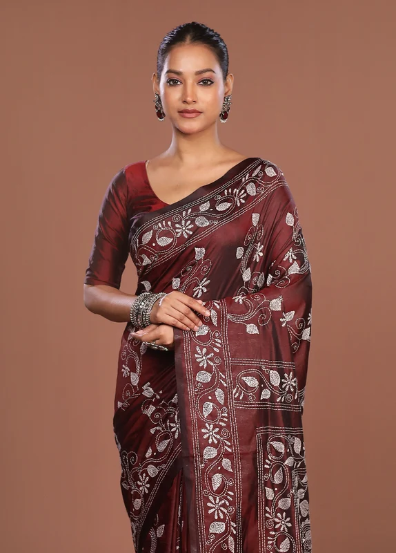Maroon Kantha Stitch Silk Saree With Blouse Piece One Size