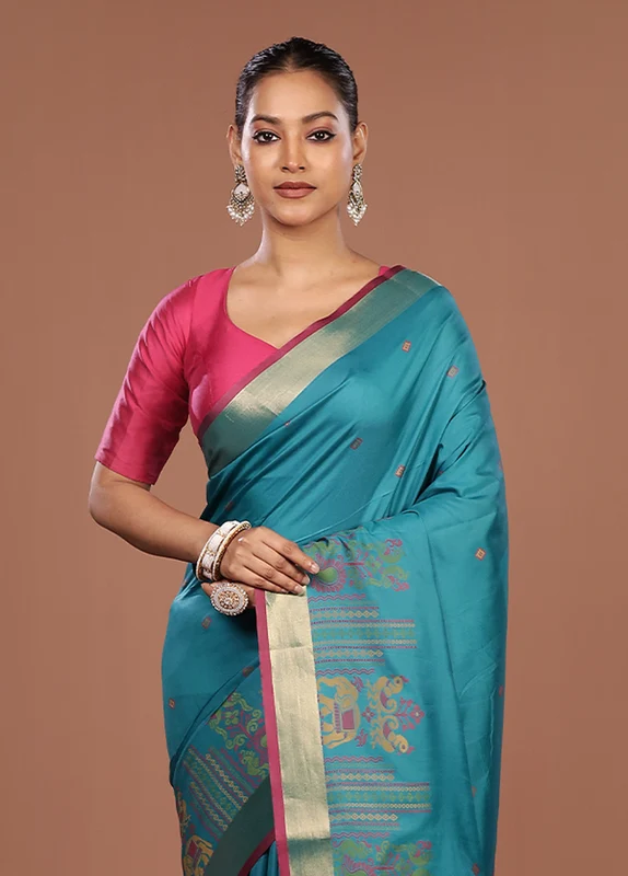 Blue Dupion Silk Saree With Blouse Piece One Size
