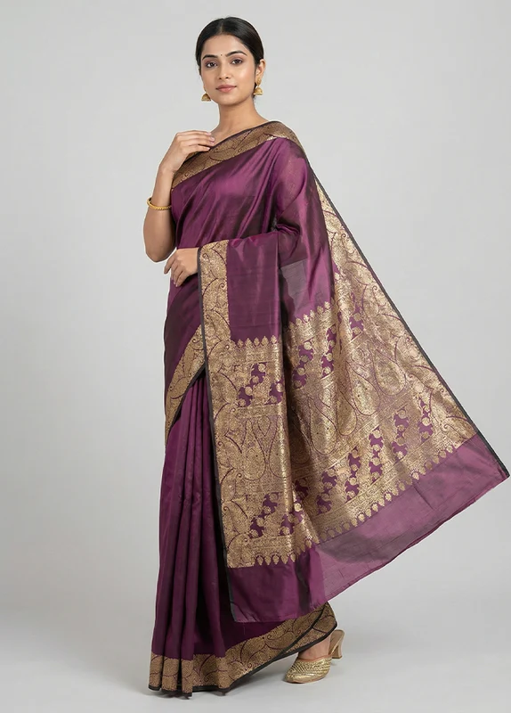 Purple Banarasi Silk Saree With Blouse Piece One Size