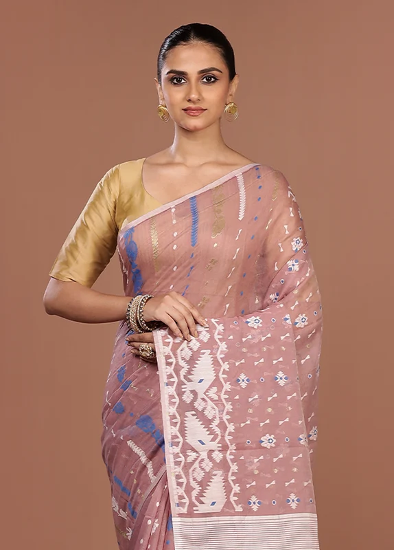 Pink Jamdani Cotton Saree Without Blouse Piece One Size