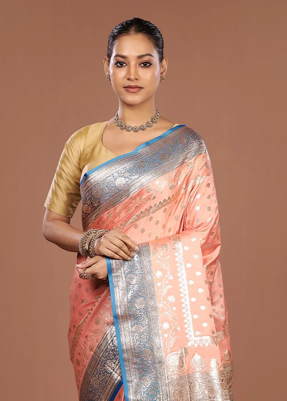 Peach Banarasi Silk Saree With Blouse Piece One Size