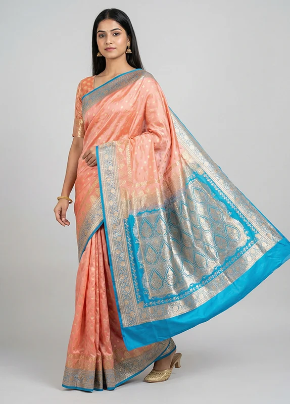 Pink Banarasi Silk Saree With Blouse Piece One Size