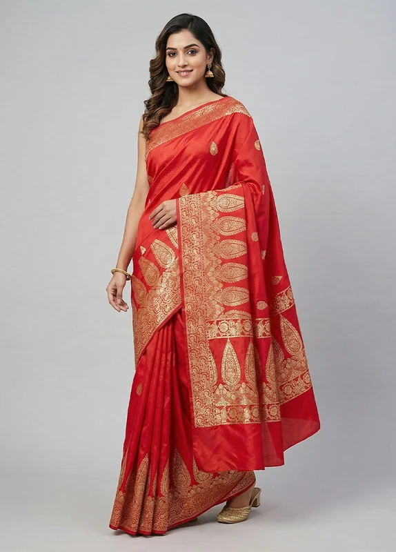 Red Banarasi Silk Saree With Blouse Piece One Size