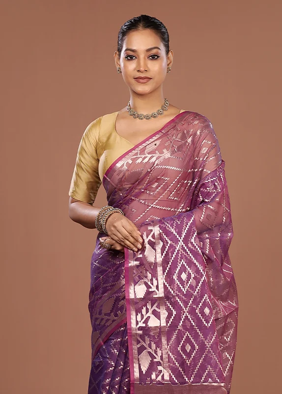 Purple Organza Saree With Blouse Piece One Size