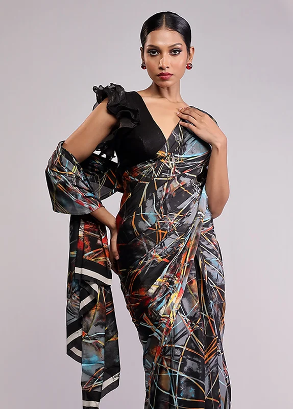 Black Printed Silk Saree With Blouse Piece One Size