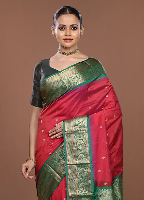 Pink Kanjivaram Silk Saree With Blouse Piece One Size