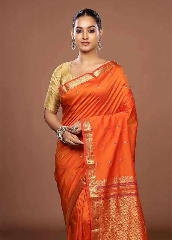 Orange Kanjivaram Silk Saree With Blouse Piece One Size