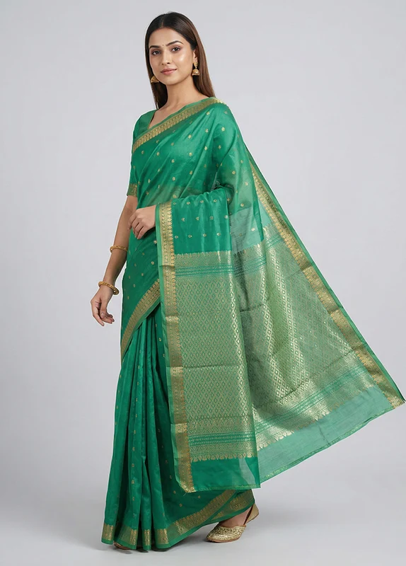 Green Kanjivaram Silk Saree With Blouse Piece One Size