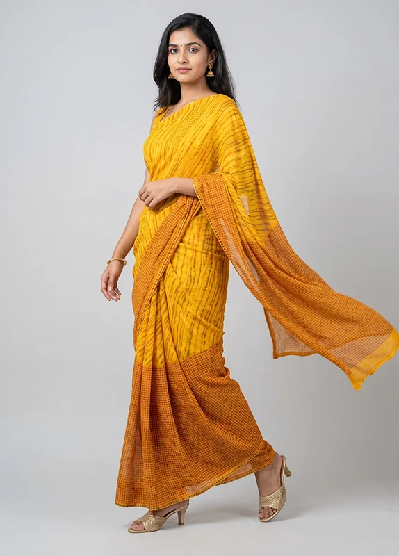 Yellow Chiffon Silk Saree With Blouse Piece One Size