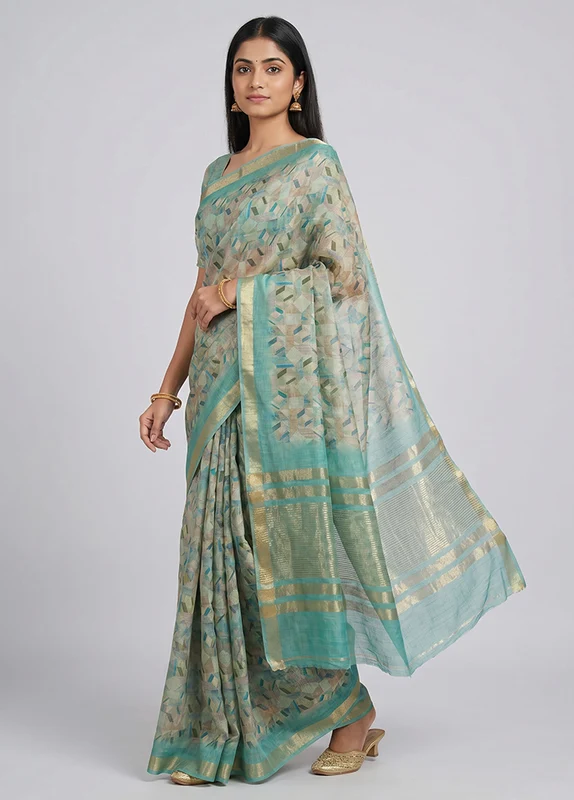 Cream Linen Silk Saree With Blouse Piece One Size