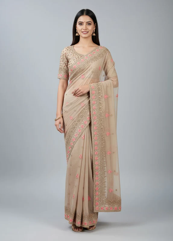 Cream Chiffon Silk Saree With Blouse Piece One Size