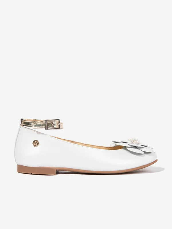 Andanines Girls Leather Ankle Strap Flower Pumps in White White / EU 38 UK 5