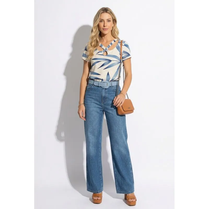 Blusa com decote em X Estampada de Folhagem Azul GG