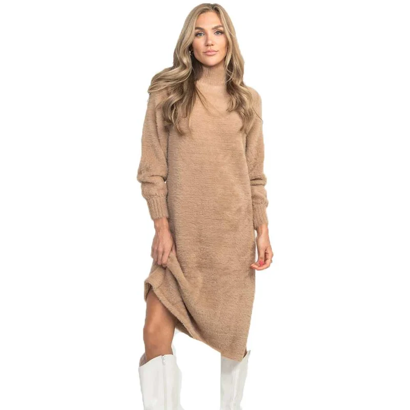 Women's Turtleneck Midi Sweater Dress MOCHA TAN / LARG