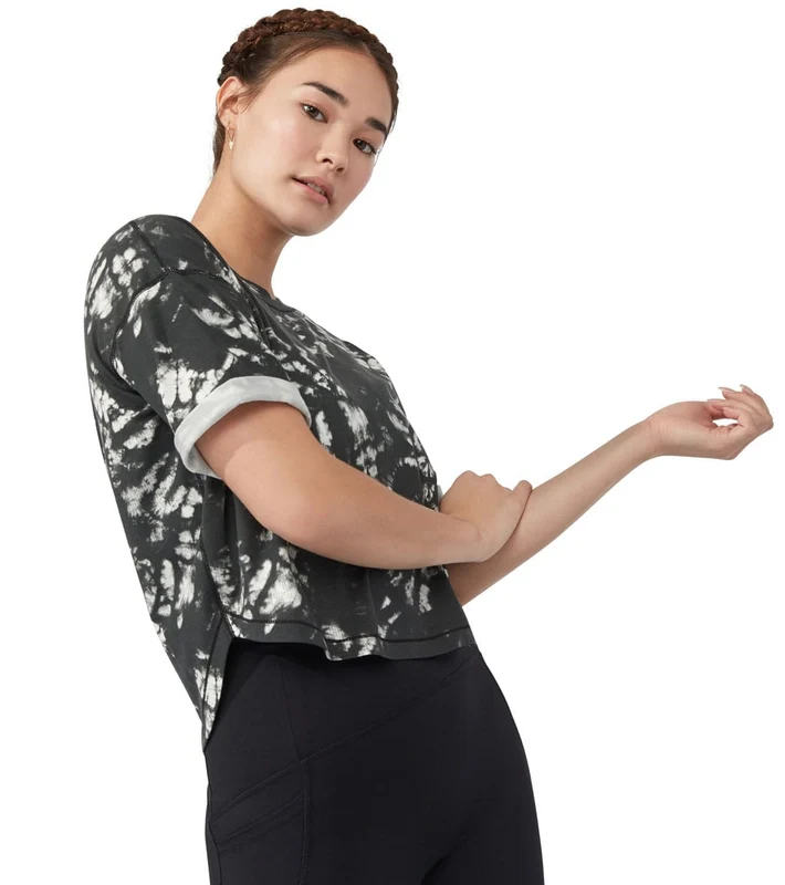 Manduka Performance Cropped Tee Black and White Tie Dye / M