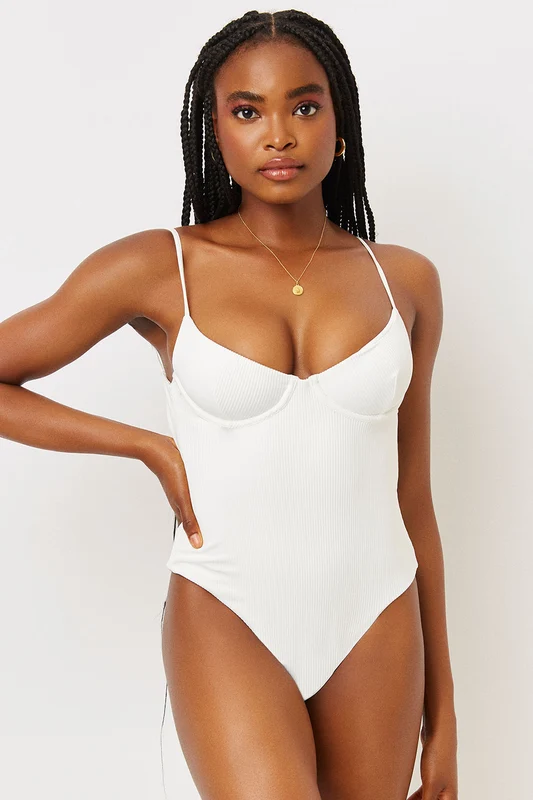 Marie Ribbed Underwire One Piece Swimsuit - White White / XS