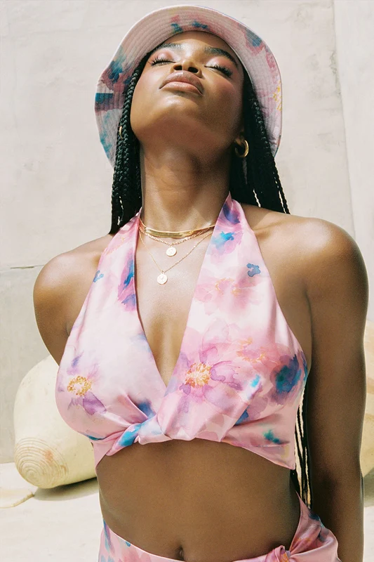 Matilda Silk Halter Wrap Crop Top - Watercolor Floral Watercolor Floral / L