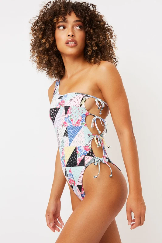 Honey One Shoulder Cheeky One Piece Swimsuit - Patchwork Patchwork / L