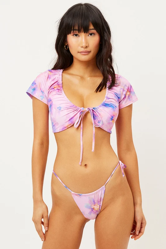 Ziggy Tie Front Scoop Bikini Top - Watercolor Floral Watercolor Floral / S
