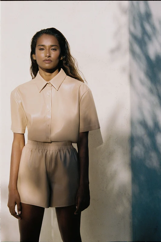 Rusty Vegan Leather Button Up Shirt - Earth Earth / XS