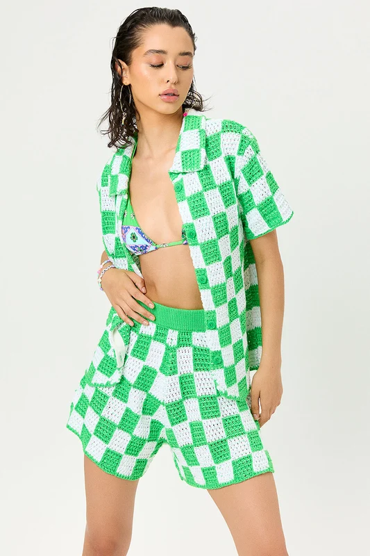 Coco Crochet Button Up Shirt - Jade Checker Jade Checker / XS