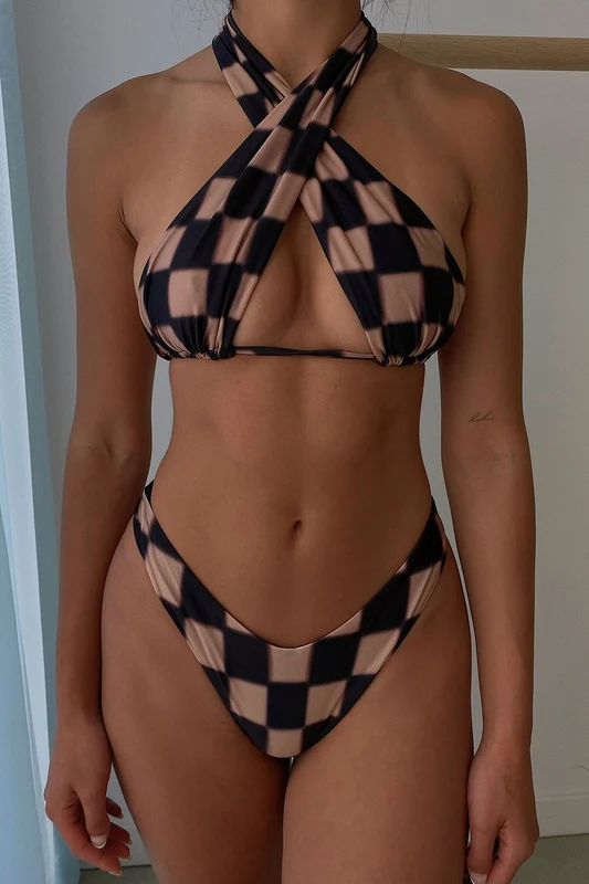 Bash Satin Wrap Bikini Top - Black Checker Black Checker / M