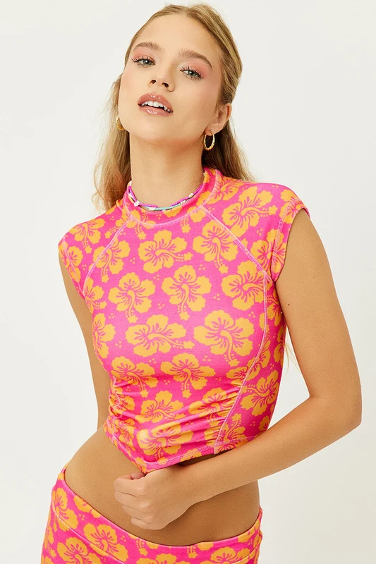 Blue Crush Terry Floral Crop Top - Hibiscus Honey Hibiscus Honey / XL