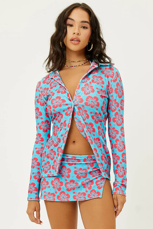 Nova Terry Floral Long Sleeve Button Up - Blue Magic Blue Magic / M