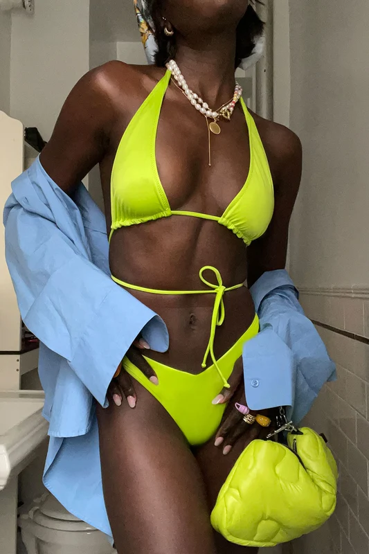Harlow Satin Halter Bikini Top - Slime Slime / XS