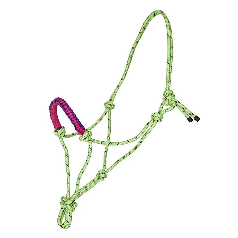 Tabelo Rope Halter with Braided Noseband Lime/Speckle -halter, Purple/Hot Pink Noseband / Horse